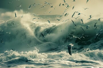 Poster - A flock of seagulls flies above a massive wave as a surfer rides it, Seagulls flying overhead as a surfer rides a wave