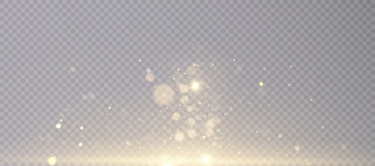 Poster - Glowing golden dust bokeh with reflections. Christmas glowing bokeh and glitter overlay texture for your design on transparent background. Golden particles abstract vector background.	