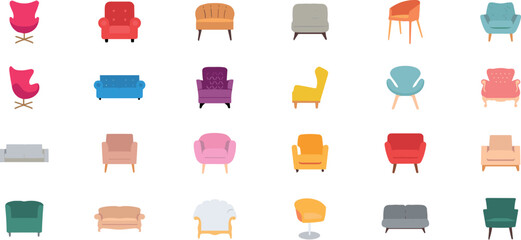 Vector sofa icon set. Colored collection in flat style with long shadows.