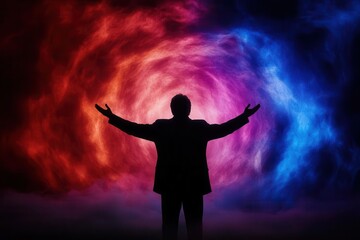 A person stands with arms outstretched, embracing vibrant cosmic colors in a dramatic swirl of red and blue hues.