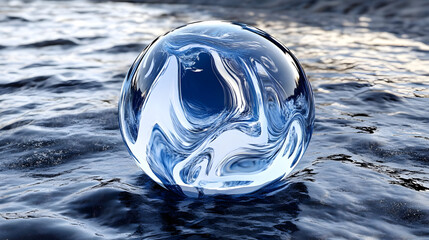 Canvas Print - A reflective glass sphere resting on a rippling water surface, creating a serene visual effect.