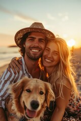 Wall Mural - A couple is posing for a picture with their dog on a beach. The man is wearing a straw hat and the woman is wearing a floral dress. They both have big smiles on their faces