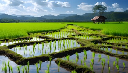 Wall Mural - The beautiful scenery of the rice fields under the sunset, the green rice contrasts with the clear water surface.