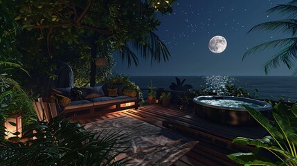 Wall Mural - a cozy terrace nestled amidst lush greenery on the oceanfront, with a wooden deck furnished with plu