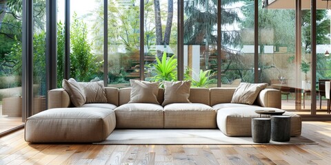 Wall Mural - Sprawling modern living room with glass walls overlooking lush garden.