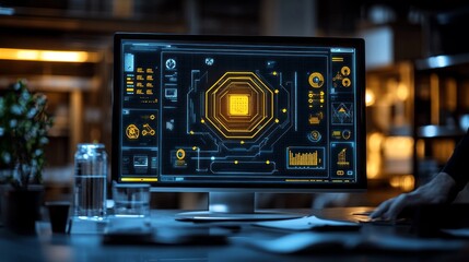 Poster - A high-tech workstation displays intricate data analytics and monitoring systems, emphasizing innovation in factory operations as dusk settles outside