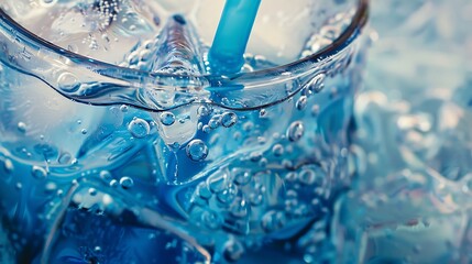 Detail of a drink in blue that has a straw