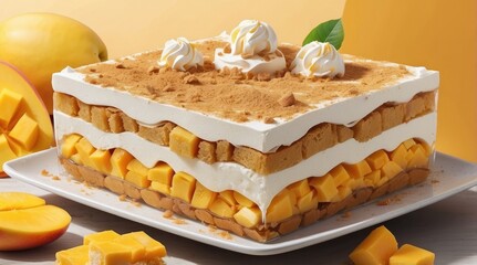 mango layer cake on a white plate, layers of fresh mango cubes, whipped cream, and sponge cake. Summer delicious dessert