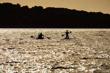 Sticker - Young boys paddling and enjoying rowing on their sup boards at sunset in the town of Rogoznica, Croatia