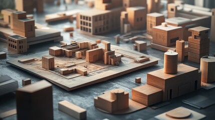 Poster - Wooden Model of a Modern Cityscape with Buildings and Structures