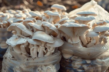 Cluster of mushrooms sprouting from the ground. Fresh and organic.