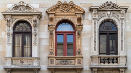 Poster - Ornate Architectural Windows on a Stone Building Facade