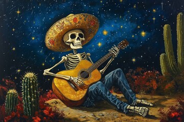 Wall Mural - Skeleton in a sombrero playing guitar, surrounded by cacti under the stars, day of the dead, día de muertos, halloween art, celebration concept, traditional,  