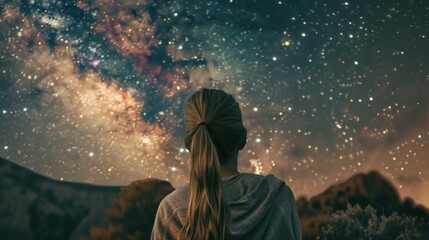 Wall Mural - woman gazing at the cosmos, with a silhouetted figure of herself against a deep space galaxy.