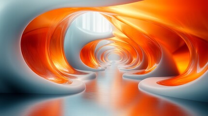 Poster - Futuristic abstract interior with orange and white flowing shapes, creating a dynamic pathway illuminated by soft light