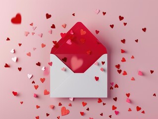 Valentine's Day card design featuring an open red paper envelope and scattered heart stickers on a pink backdrop. Ideal for expressing love and affection.