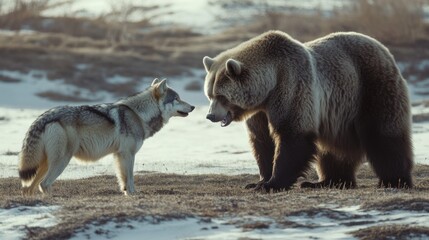 Wall Mural - A Wolf and a Bear Face Off in a Snowy Field