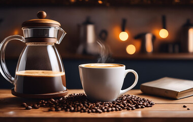 Wall Mural - Coffee cup and pot with scattered coffee beans with book with  distinctive kitchen background