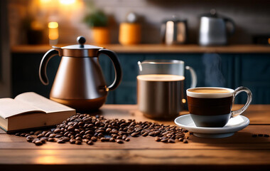 Coffee cup and pot with scattered coffee beans with book with distinctive kitchen background