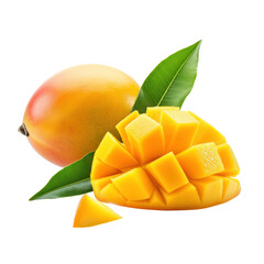 Wall Mural - Ripe whole and sliced mango isolated on white or transparent background, png clipart, design element. Easy to place on any other background.