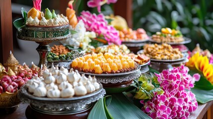 A traditional Thai dessert table with various sweets and tropical flowers, creating an inviting scene, no people.