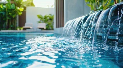 Clear blue pool with flowing water feature