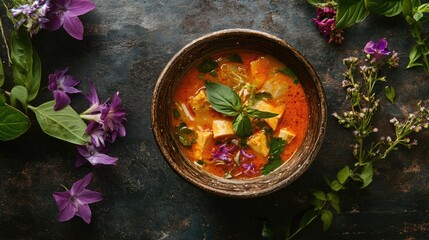 Tom Yum soup in a rustic bowl, surrounded by exotic flowers, showcasing Thai flavors, no people.