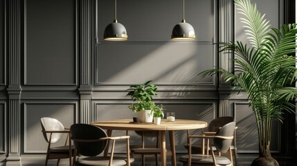 Wall Mural - This image depicts a sophisticated modern dining room setup, featuring a wooden table surrounded by stylish chairs with clean lines