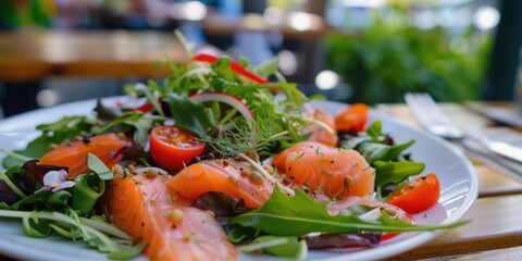 Healthy seafood meal with vegetables served on a wooden table.