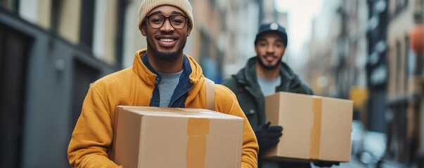 Two Young Male Movers Carrying Cardboard Boxes From Truck, Generative AI