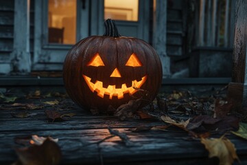 A jack-o-lantern with a sinister smile on a gloomy porch background