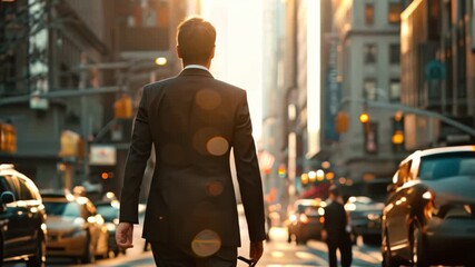 Canvas Print - A man in a suit walks through a busy city street, briefcase in hand, as the sun sets behind the buildings A businessman walking through a bustling city street with a briefcase in hand