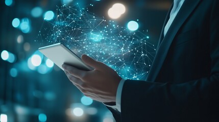 Poster - business professional using a tablet with digital connectivity visuals in a modern urban setting at 
