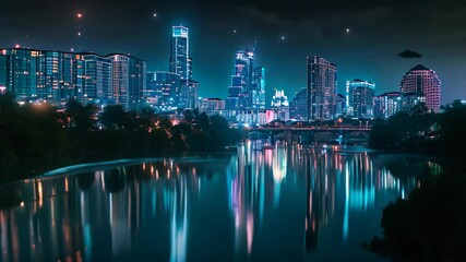 Sticker - Austin City Skyline at Night With River Reflections, A bustling city skyline with twinkling lights and reflections in a tranquil river below