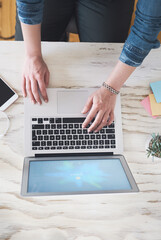 Aufkleber - Laptop, hands and person typing for online communication with client for feedback on creative report. Tech, keyboard and public relations manager with brand technique for small business from above.