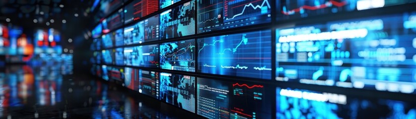 Wall Mural - Multiple digital screens displaying financial data and stock market charts in a modern high-tech environment at night.