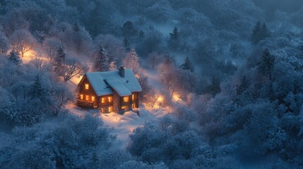 Canvas Print - A house lit up in the snow covered forest at night, AI