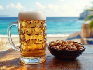 Glass of beer on table near seaside with nuts in bowl.