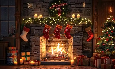 fireplace with christmas decorations, seamless looping time-lapse virtual video animation background