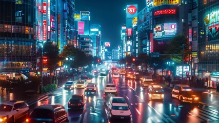 Wall Mural - A bustling street scene in a Japanese city at night with neon lights, traffic, and rain A bustling city street with traffic and neon lights