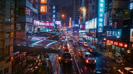 Poster - a bustling street scene in hong kong at night, featuring traffic, neon lights, and vibrant signage a