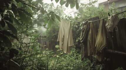 In a lush, green garden, clothes in various shades of green and white hang to dry on a line under a soft rain, creating a tranquil, everyday scene.