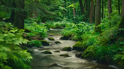 Poster - A tranquil forest stream flows through a dense green forest, sunlight filtering through the trees A calming forest stream winding its way through a verdant landscape