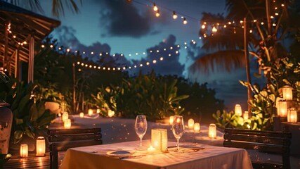 Wall Mural - A wooden picnic table sits beneath a trellis covered in colorful autumn leaves A candlelit dinner for two under a starry night sky