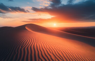 Aufkleber - Beautiful sunset over sand dunes in a desert landscape, with dramatic sky and plenty of space for text. Stunning desert scene with endless waves of orange-red sand.