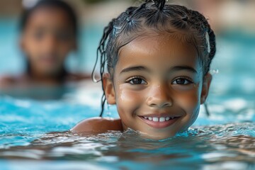 Young child enjoying a swim in a pool during a sunny day