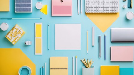 Poster - Pastel Colored Stationery and Office Supplies Arranged on a Blue Surface