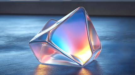 Canvas Print - A translucent, colorful geometric object reflecting light on a smooth surface.