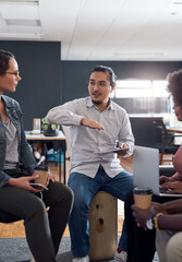 Aufkleber - Business, people and meeting with technology at office for creative project with teamwork and collaboration. Employeess, graphic designer and coworking with discussion, planning or strategy