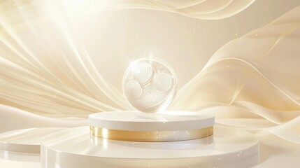 Sticker - Decorative golden sphere on a pedestal, with a background of flowing golden fabric